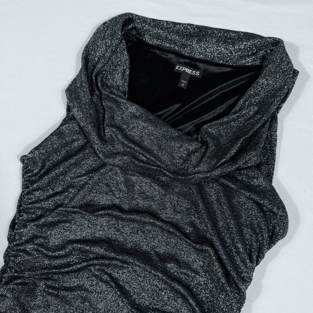 Express Metallic Silver Charcoal Cowl Ruched Sleeveless Club Whimsigoth Med Top‎